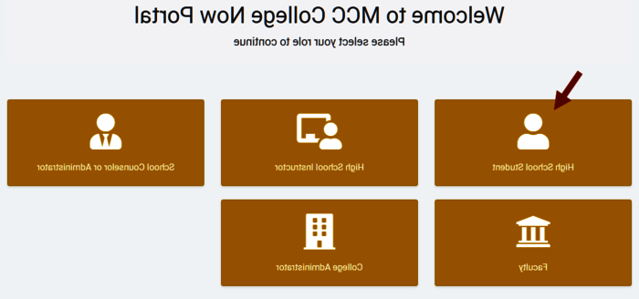 Screenshot of the College Now Portal with an arrow pointing to the High School Student tile